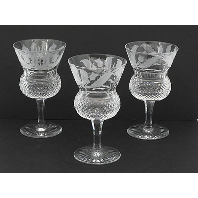 Three Edinburgh Crystal Port Glasses with Etched Thistle Motif