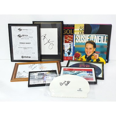 Group of Signed and Other Australian Swimming Memorabilia Including Swim Caps and More