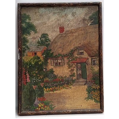 M.E. Harris English Cottage Oil on Canvas and Collection of Approx. 200 stamps