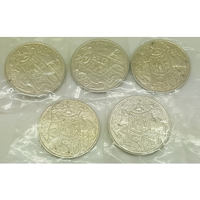 Five 1966 Australian Round 50c Coins