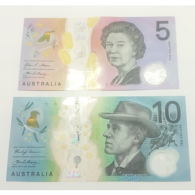 New Generation Australian $5 and $10 notes both FIRST PREFIX
