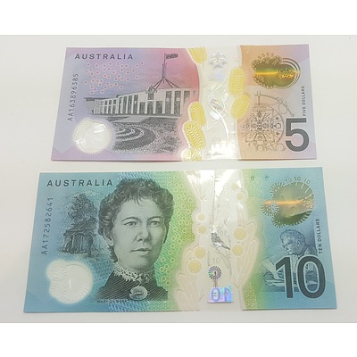 New Generation Australian $5 and $10 notes both FIRST PREFIX