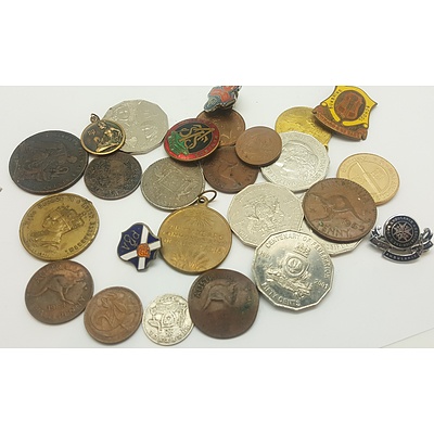 Assorted Coins, Badges and Trinkets
