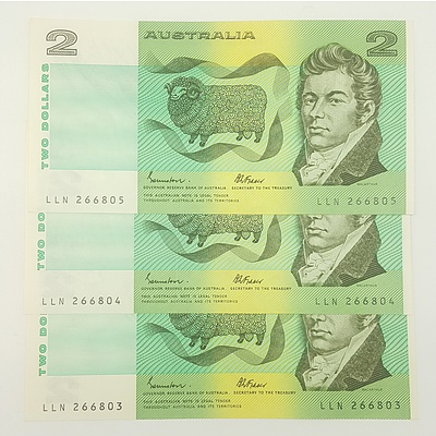 1985 Last Year of Issue Three Consecutive Serial Numberred $2 Notes