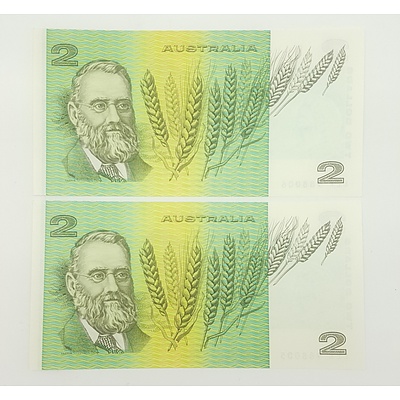 1985 Last Year of Issue Two Consecutive Serial Numberred $2 Notes