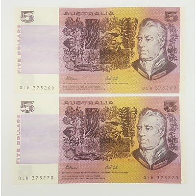 1991 Last Year of Issue Two Consecutive Serial Numberred $5 Notes