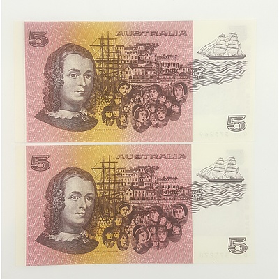 1991 Last Year of Issue Two Consecutive Serial Numberred $5 Notes