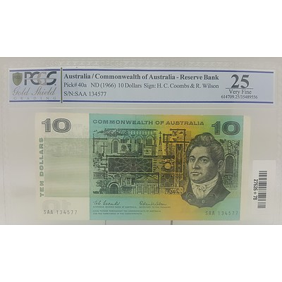1966 Rare First Prefix Commonwealth of Australia $10 Note PCGS Graded as Very Fine 25