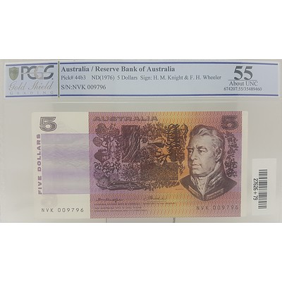 1976 Australian (Reserve Bank of Australia) $5 Note PCGS Graded as About Uncirculated 55