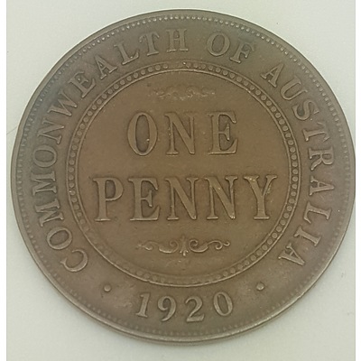 Very Scarce 1920 London Die Australian Penny with Dot Below Bottom Scroll