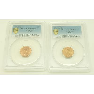 Two 1966 First Year of Issue Australain One Cent Pieces Slabbed and Graded by PCGS as MS64RB