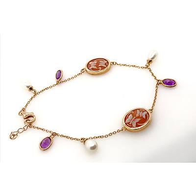 Sterling Silver Rose Gold Plated Pearl, Amethyst and Shell Cameo Bracelet