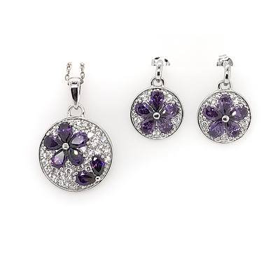 Sterling Silver Amethyst and Topaz Pendant and Earring Set