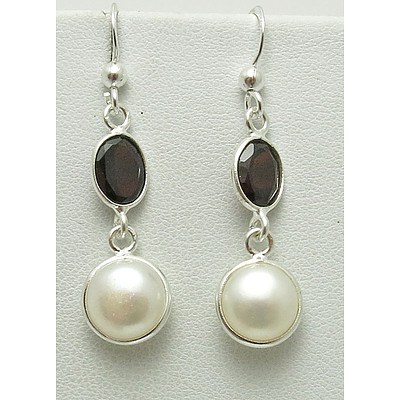 Sterling Silver Garnet & Pearl Drop Earrings