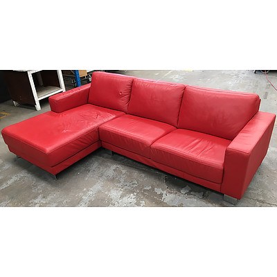 Red Leather Three-Seater Sofa with Chaise