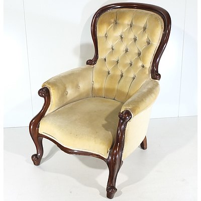 Late Victorian Mahogany and Button Upholstered Salon Chair