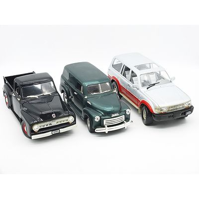 Three 1/18 Model Cars, Including Toyota Land Cruiser, 1950 GMC Panel Truck, 1953 Ford Pickup