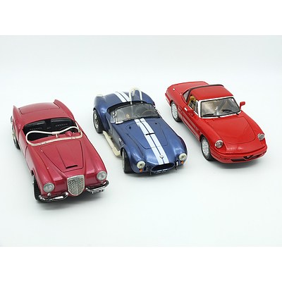 Three 1/18 Model Cars, Including Alfa Romeo Spider, Shelby Cobra and Burago Lancia Aurelia B24 Spider 