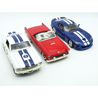 Three 1/18 Model Cars, Including 1965 Ford Mustang, Ford Thunderbird and Burago Viper GTS Coupe