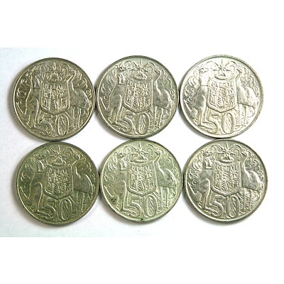 Six 1966 Round Australian Silver 50 Cent Coins