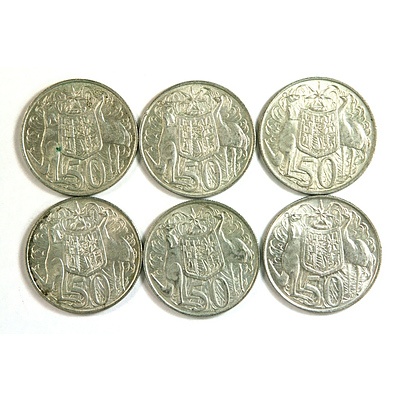 Six 1966 Round Australian Silver 50 Cent Coins