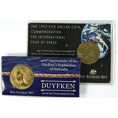 Two Australian Commemorative $5 Coins - Space and Duyfken