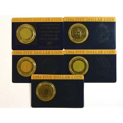 Five 1994 $5 Coins - Yellowed packaging