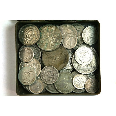 Tobacco tin containing Australian Silver Coins 3d 6d Shillings and Florins