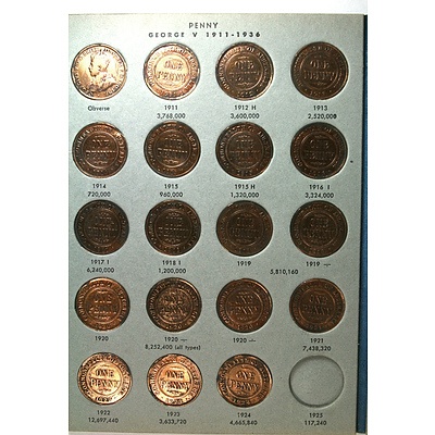 Australian Penny Set - cleaned coins - incomplete