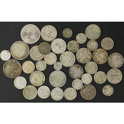Thirty Seven Australian and World Silver Coins in Cigarette Tin