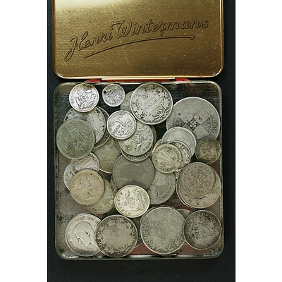Thirty Seven Australian and World Silver Coins in Cigarette Tin