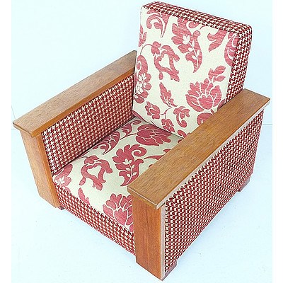Vintage Children's Armchair with Decorative Red Fabric Upholstery Circa 1930s