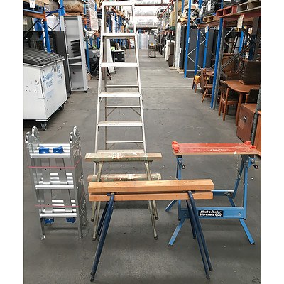 Assortment of Ladders, Saw Stands, and Black & Decker Workmate 600