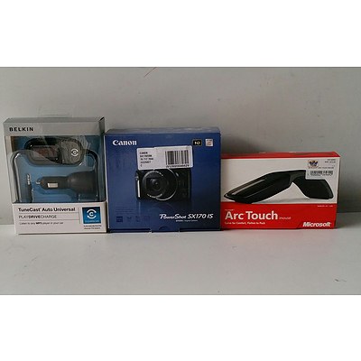 Canon Powershot SX170 IS Digital Camera, Microsoft Air Touch Wireless Mouse and Belkin Tunecast Auto Universal Car Charger