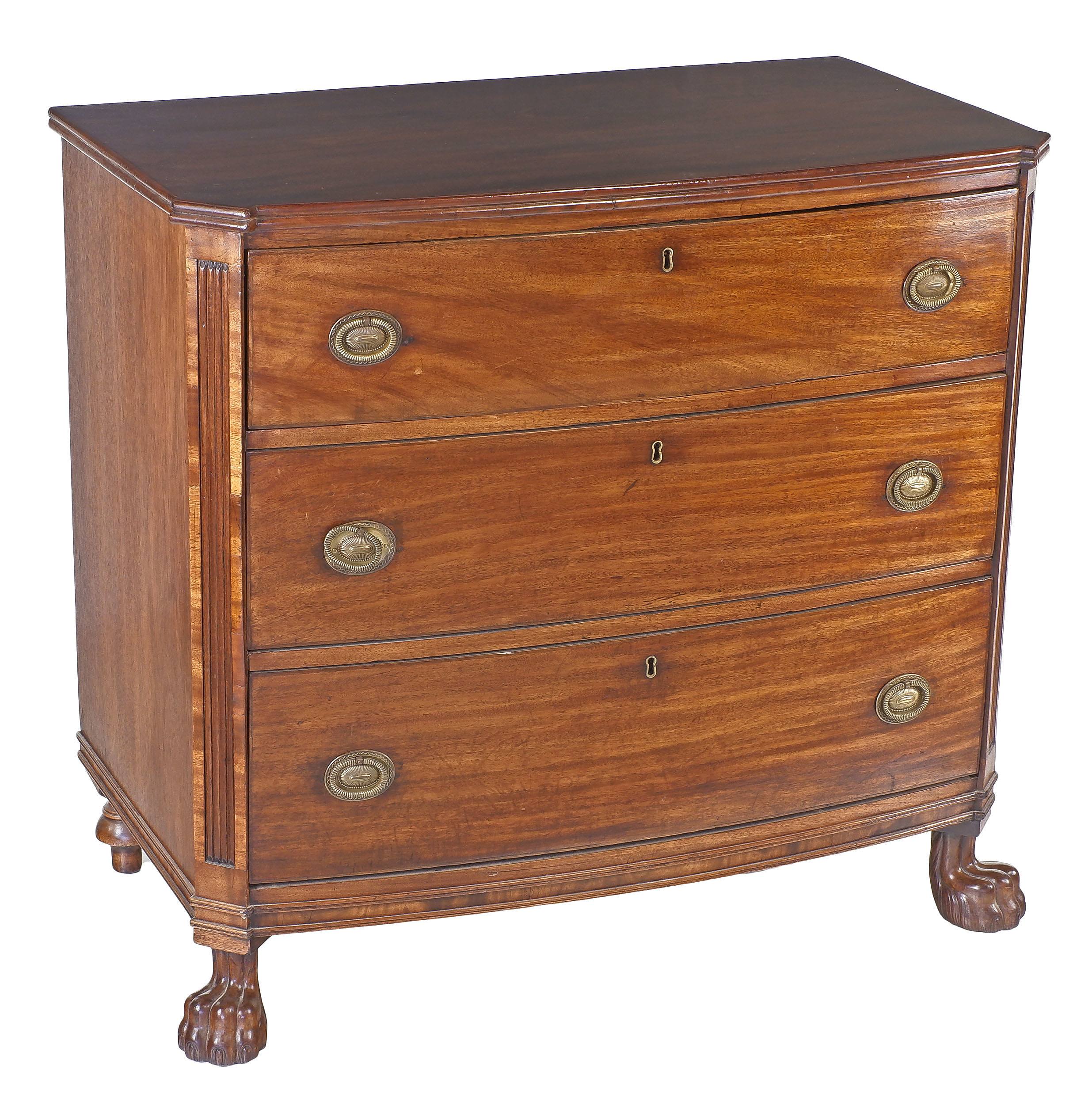 'Regency Bow Front Three Drawer Chest of Small Proportions with Lions Paw Feet Circa 1820'