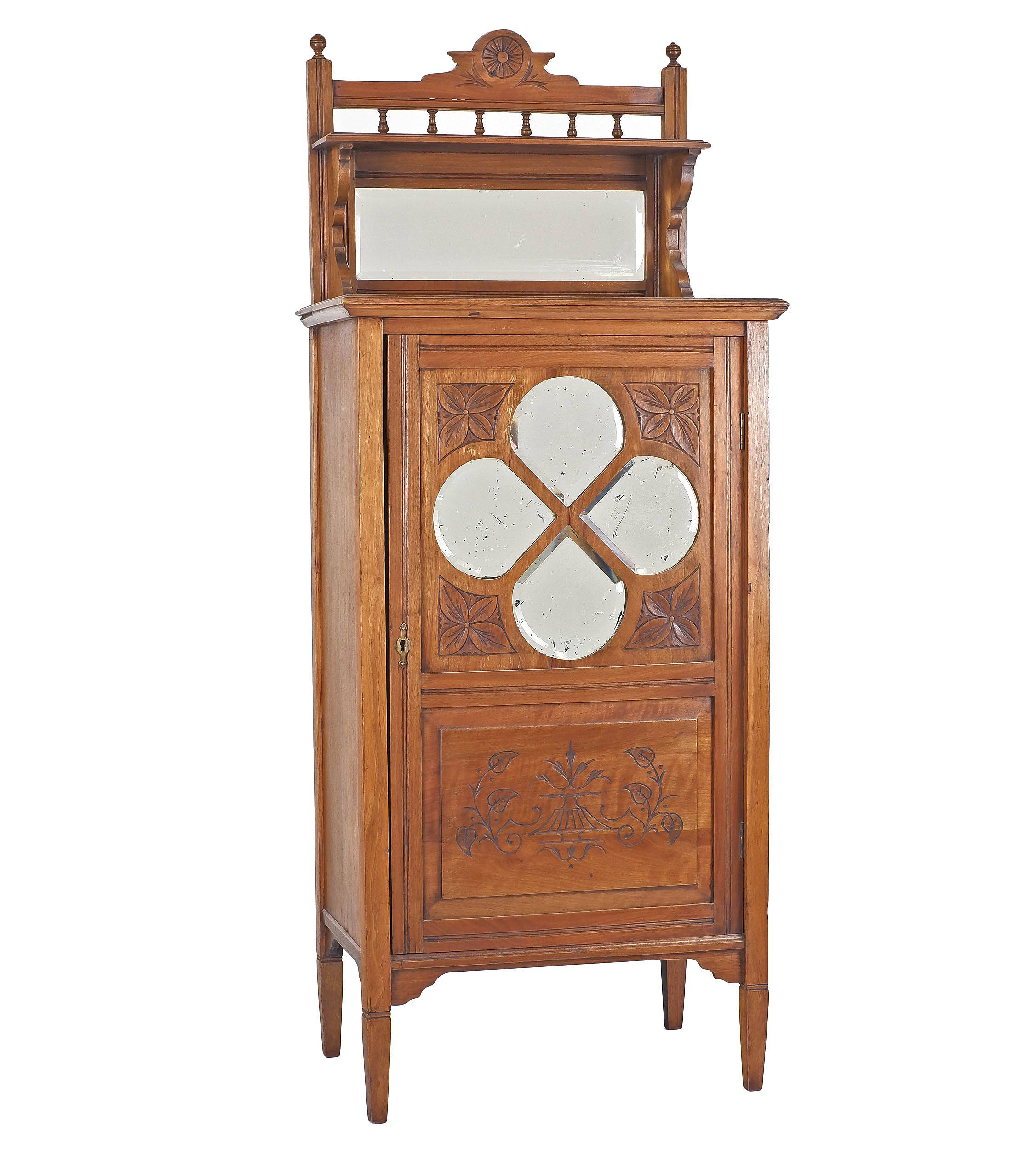 'Edwardian Walnut Sheet Music Cupboard with Bevelled Mirrors to Door and Back Early 20th Century'
