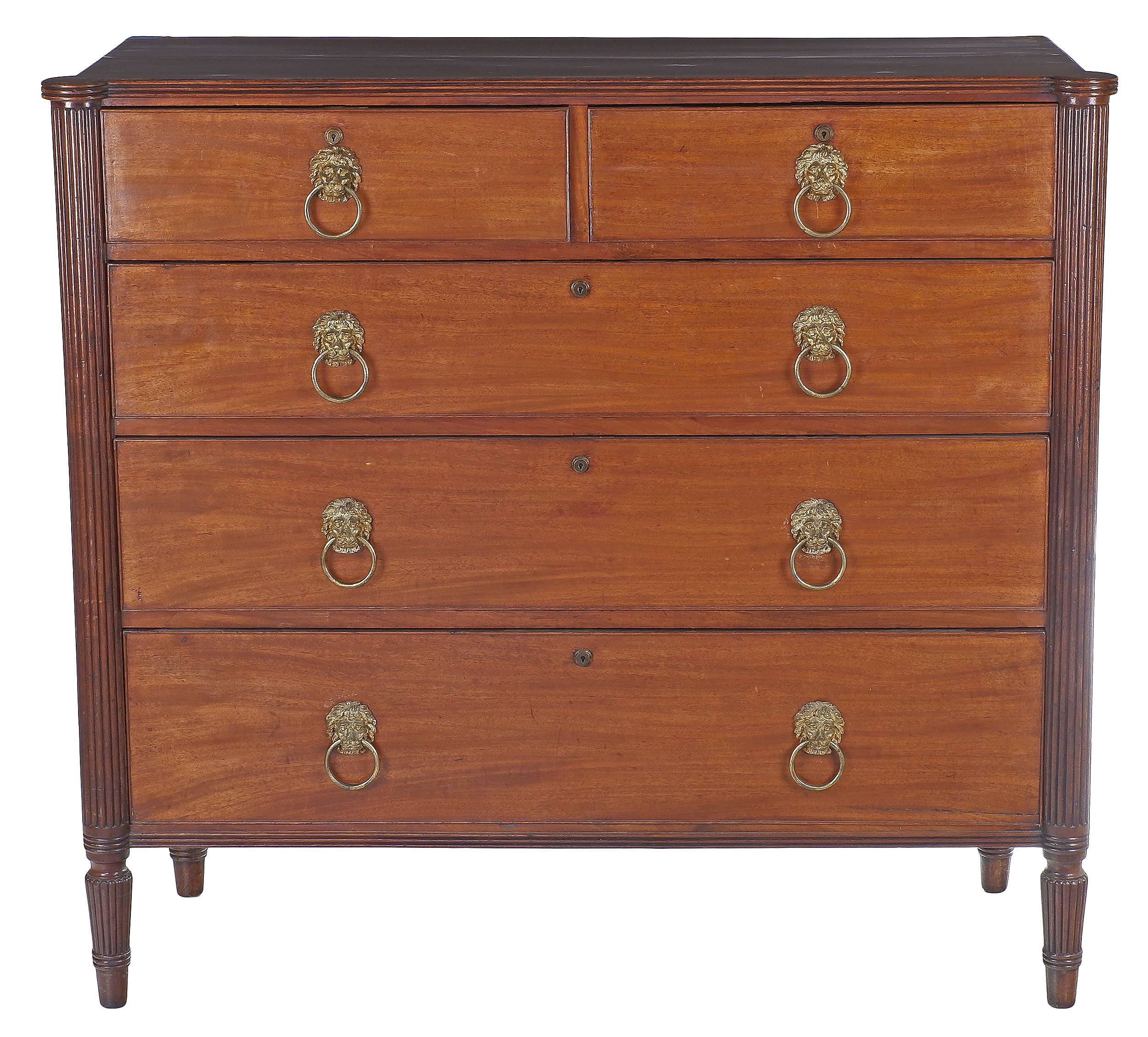 'Regency Gillows Type Mahogany Chest of Drawers with Reeded Columns Lions Head Brass Handles and Bramah Locks Circa 1820'