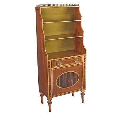 Reproduction Sheraton Style Mahogany Dwarf Bookcase with Macassar Ebony Veneering and Pierced Brass Gallery Mid to Late 20th Century
