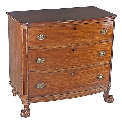 Regency Bow Front Three Drawer Chest of Small Proportions with Lions Paw Feet Circa 1820