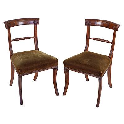 Pair Of Regency Mahogany Dining Chairs with Olive Green Velvet Upholstery Circa 1820