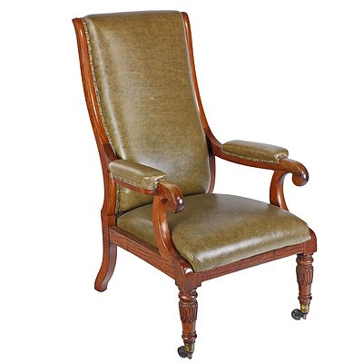 William IV Padouk (Rosewood) High Back Upholstered Library Chair with Olive Green Leather Upholstery Circa 1835
