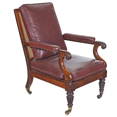 Good William IV Brazilian Rosewood Bergere Library Chair with Caned Back and Loose Leather Upholstered Cushions Circa 1835