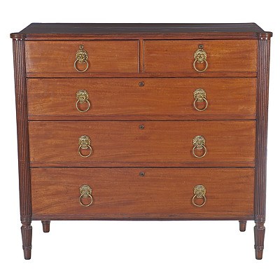 Regency Gillows Type Mahogany Chest of Drawers with Reeded Columns Lions Head Brass Handles and Bramah Locks Circa 1820