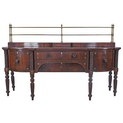 Substantial George IV Brass Inlaid Mahogany Sideboard with Ivory Escutcheons and Ebony Boxwood and Rosewood Banding Circa 1830