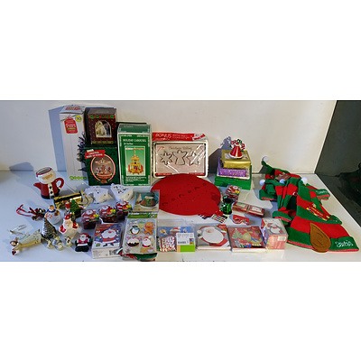 Group of Assorted Christmas Decorations, Ornaments, Christmas Cards, Santa Hats and More