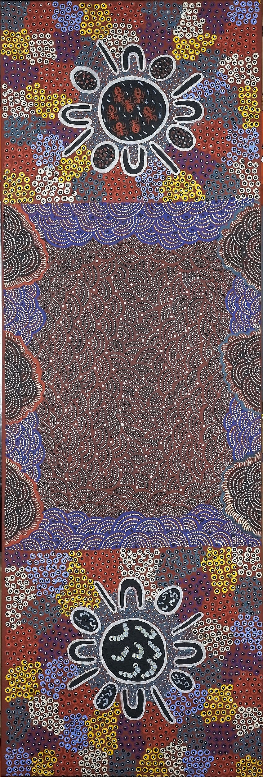 'Janet Tjitayi Bush Tucker - Witchety Grubs and Honey Ants, Synthetic Polymer Paint on Canvas'