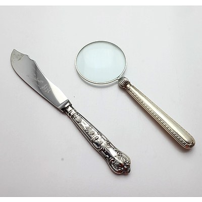 Sterling Silver Handled Cake Knife Sheffield 1968 and Sterling Silver Handled Magnifying Glass Sheffield 