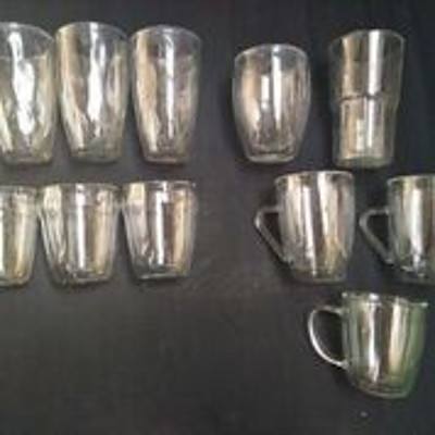 11 double walled glass coffee mugs (various sizes)