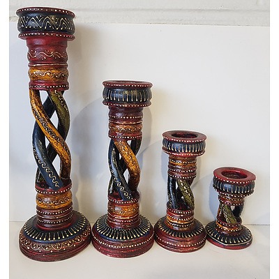 Set of 4 Wooden Spiral Candle Holders