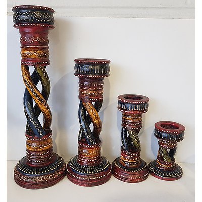 Set of 4 Wooden Spiral Candle Holders - Lot of 3 sets